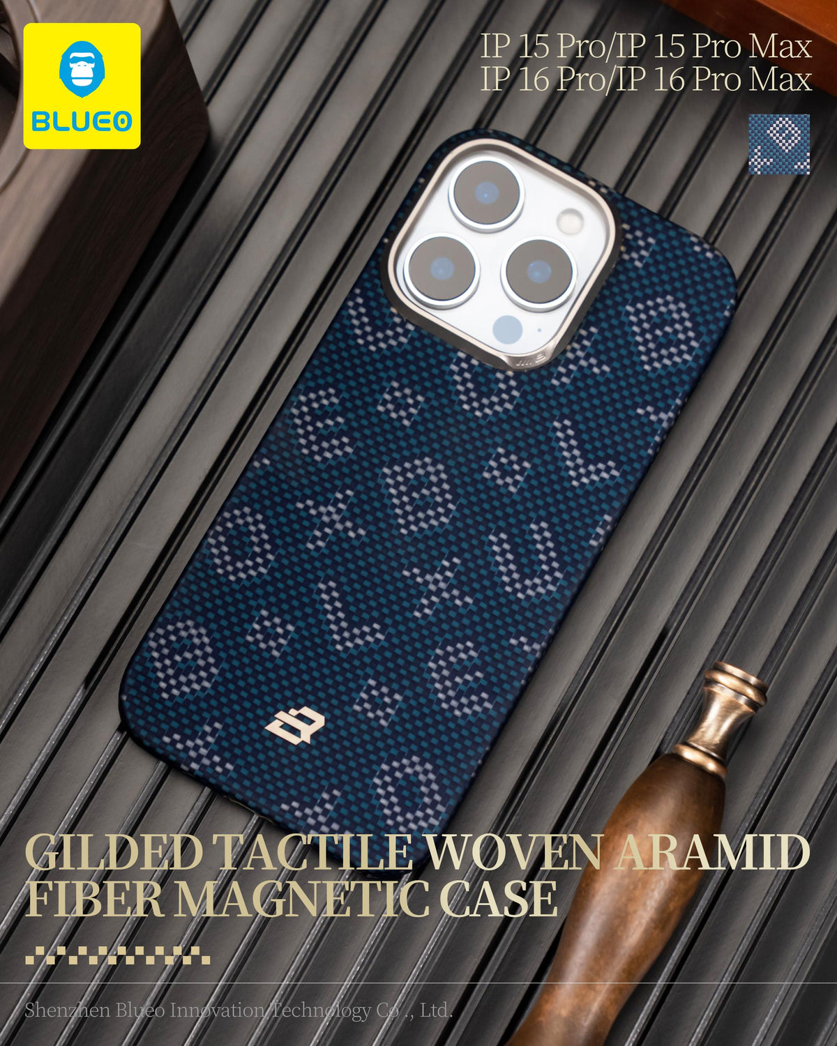 BLUEO MagSafe-Compatible Orijinal Karbon Gilded Tactile Aramid Fiber Slim Slim Case for iPhone 16 Pro Max · 3
