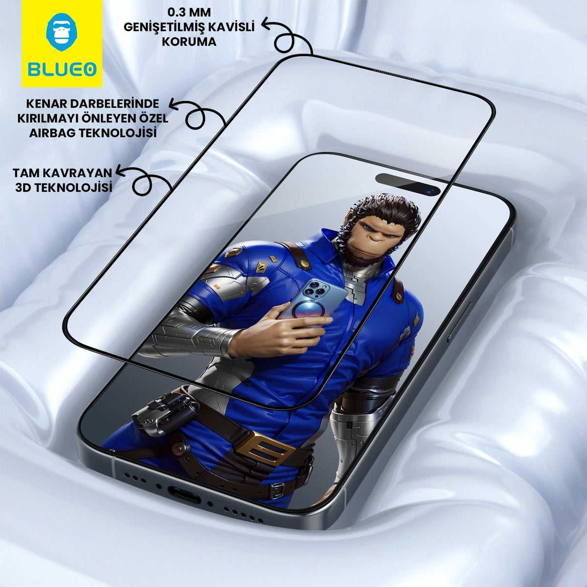 BLUEO Shock-Absorbing Edge Protection Tam Curved Glass Screen Protector for iPhone 16 Pro · 5