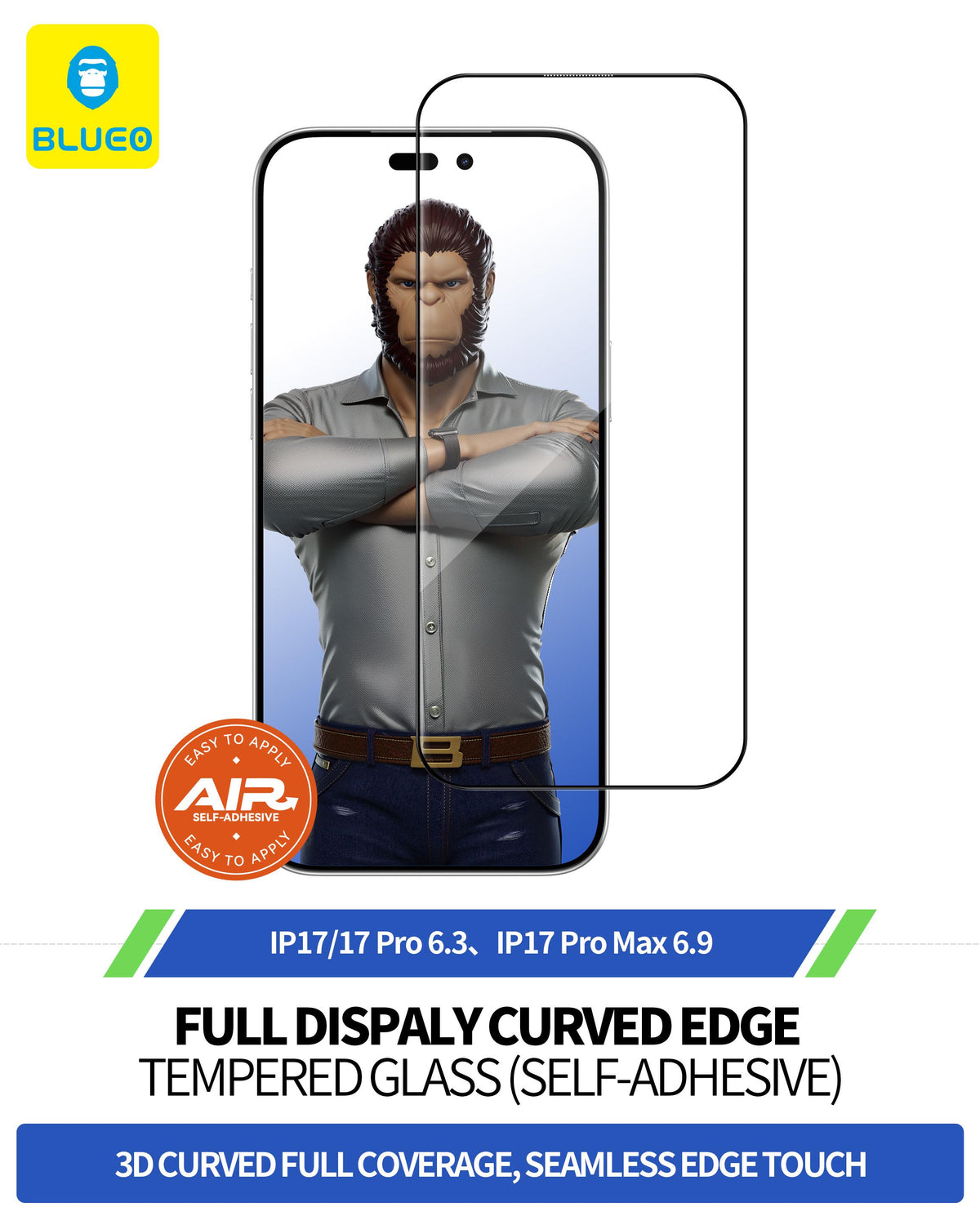 BLUEO with Applicator 3D Curved Thin Full-Coverage HD Glass Screen Protector for iPhone 17 Pro Max · 2
