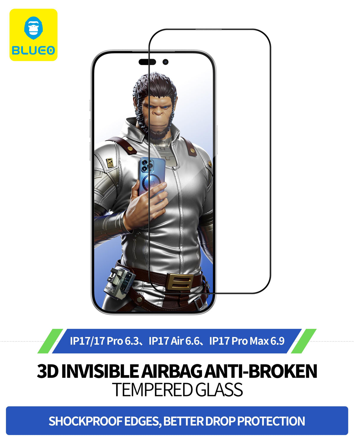 BLUEO Break-Resistant Edges Silicone Frame Full-Coverage Glass Screen Protector for iPhone 17 Pro Max · 3