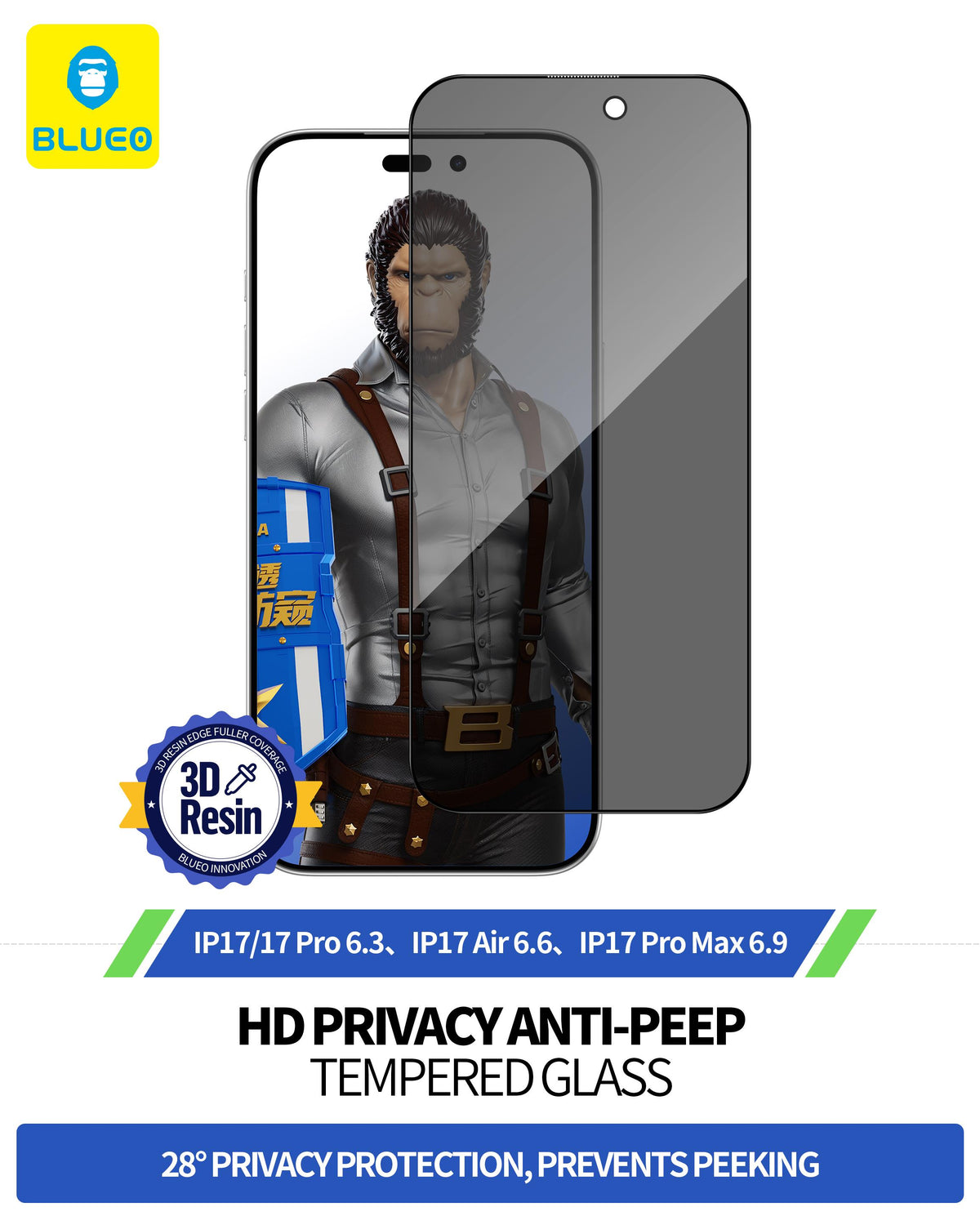 BLUEO Privacy Glass Screen Protector HD Clarity for iPhone 17 / iPhone 17 Pro · 3