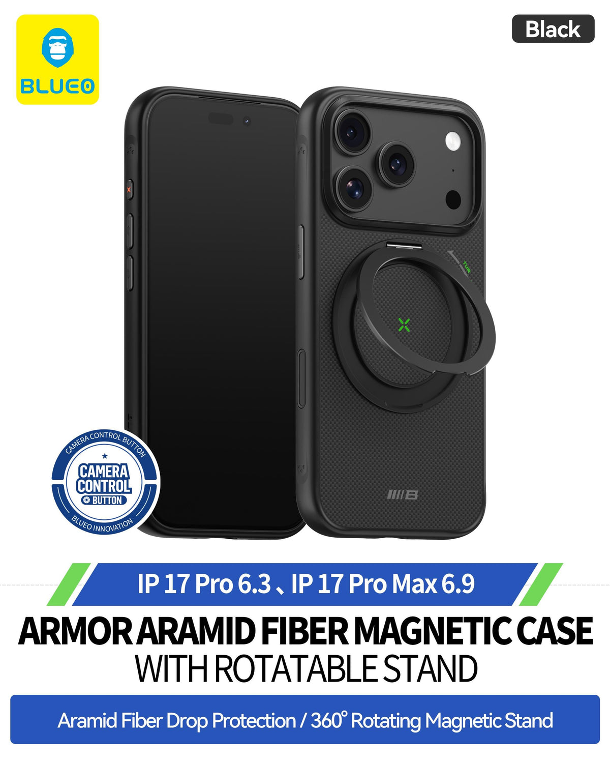 BLUEO MagSafe-Compatible Armor Aramid Fiber 360° Stand Case for iPhone 17 Pro Max · 1