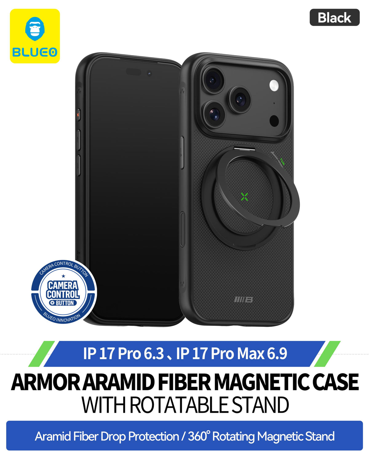 BLUEO MagSafe Carbon Fiber Görünümlü Darbe Emici Stand Phone Case for iPhone 17 Pro · 2