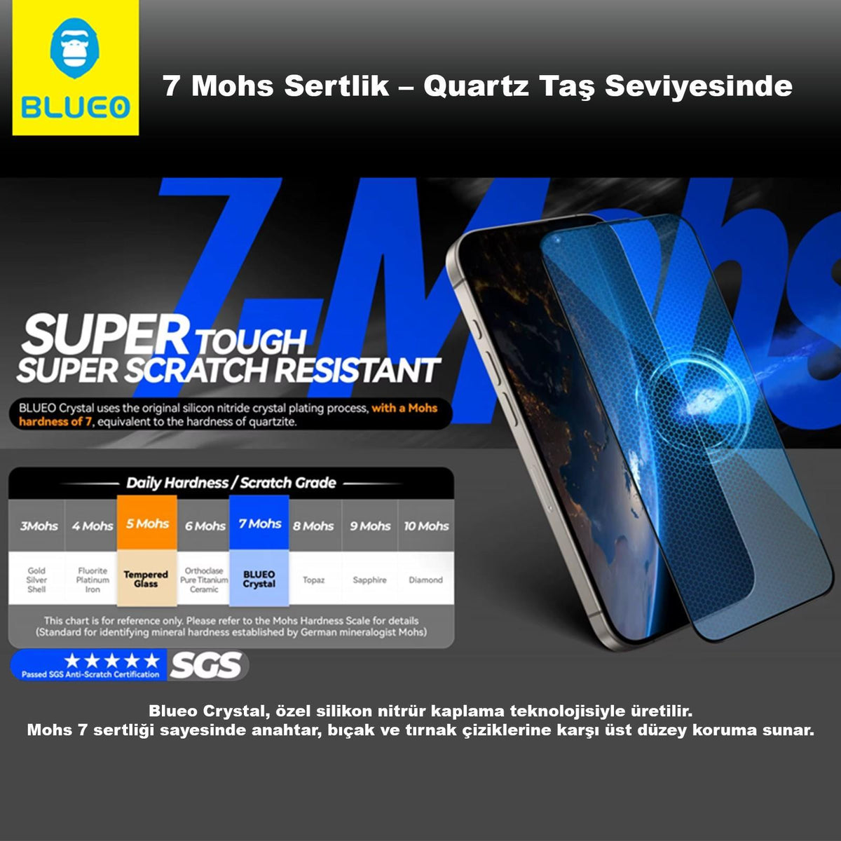 BLUEO with Easy Installation Applicator 7 Mohs Hardness Scratch-Resistant Glass Screen Protector for iPhone 16 Pro Max · 2