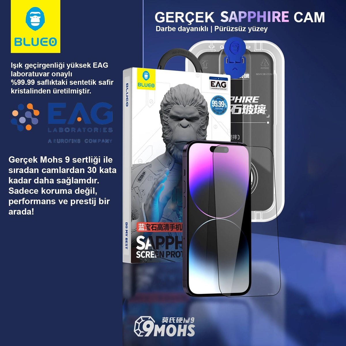 BLUEO with Applicator 9 Mohs %99.99 Sapphire Screen Protector for iPhone 14 Pro Max · 4