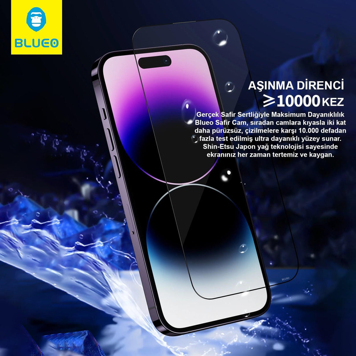 BLUEO with Applicator 9 Mohs %99.99 Sapphire Screen Protector for iPhone 15 Pro Max · 3