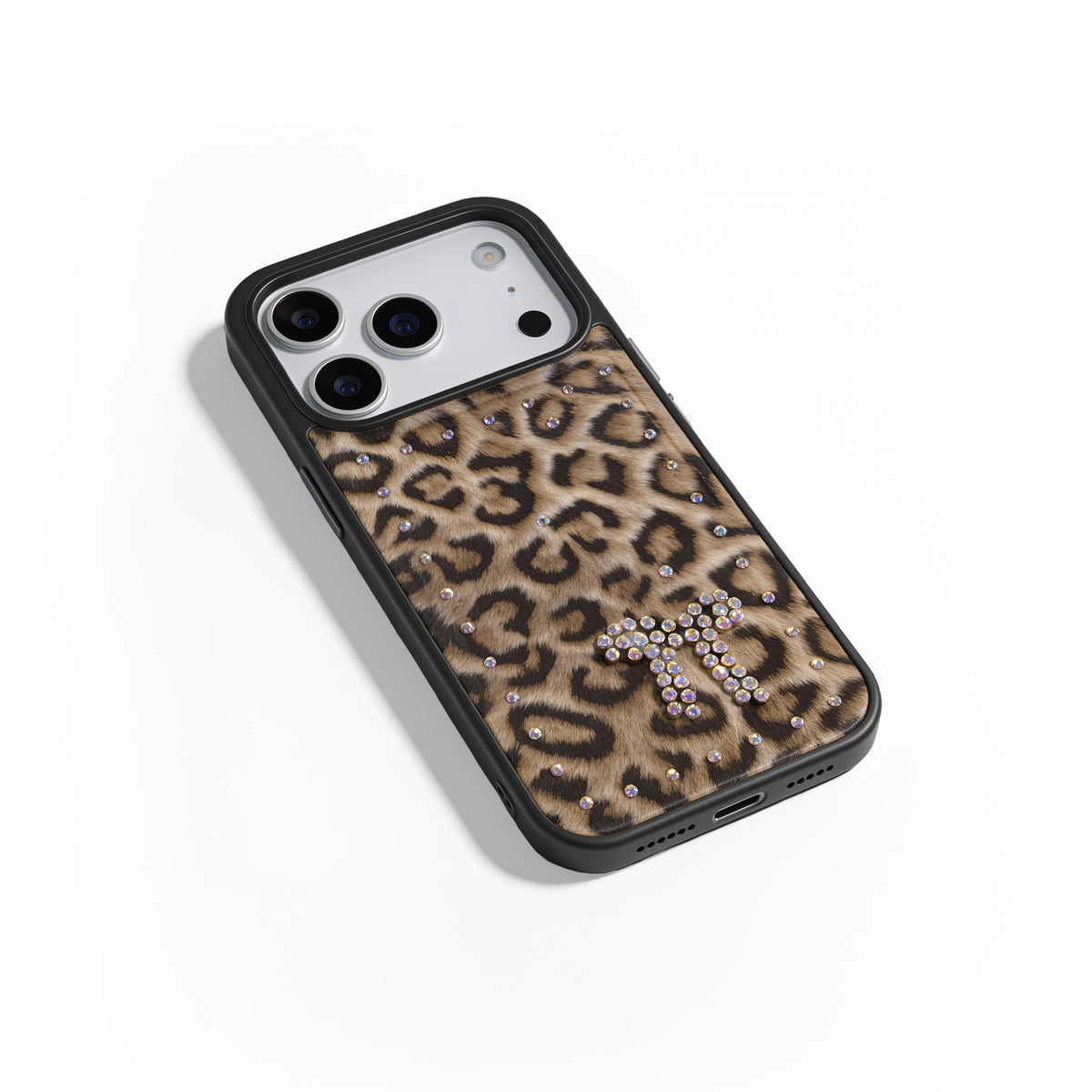 MOPAL Velvet-Lined Leopar Patterned Rhinestone Yeni Case for iPhone 13 / iPhone 14 · 2