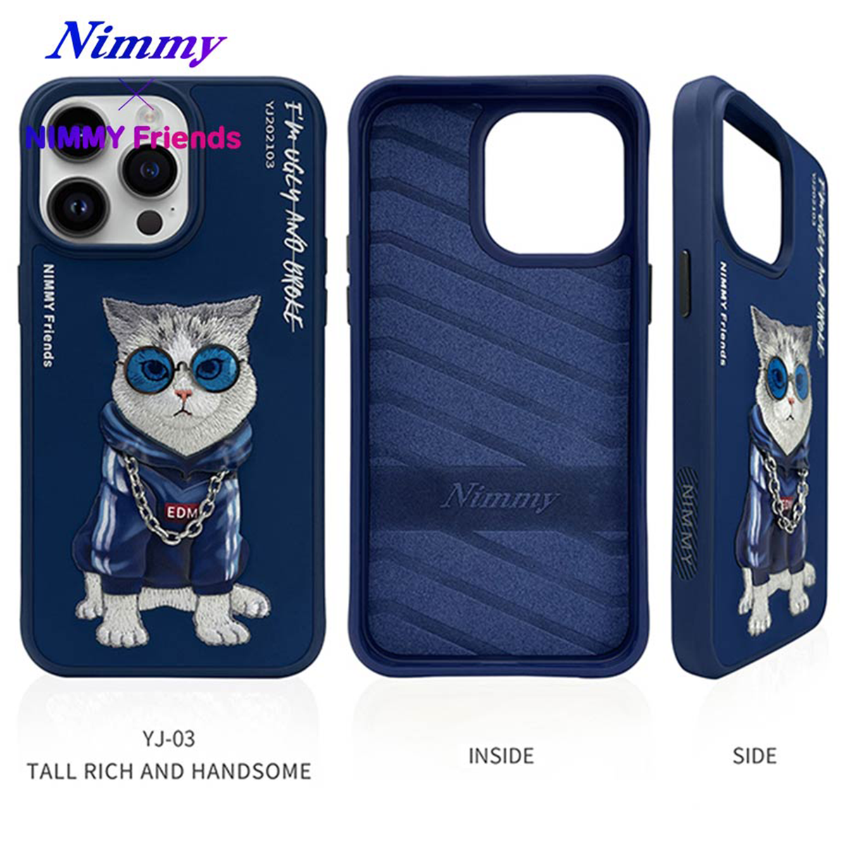 NIMMY iPhone 13 Pro Max · 3D Embroidered Cat Figürlü Gözlük and Zincir Detail Cool Glasses Case · 2