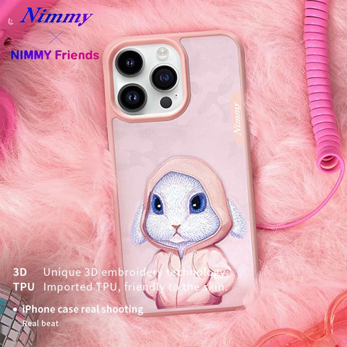 NIMMY iPhone 14 Pro · Faux Leather Üstüne 3D Embroidered and Kıyafet Kabartmalı Tavşan Figürlü Case · 5