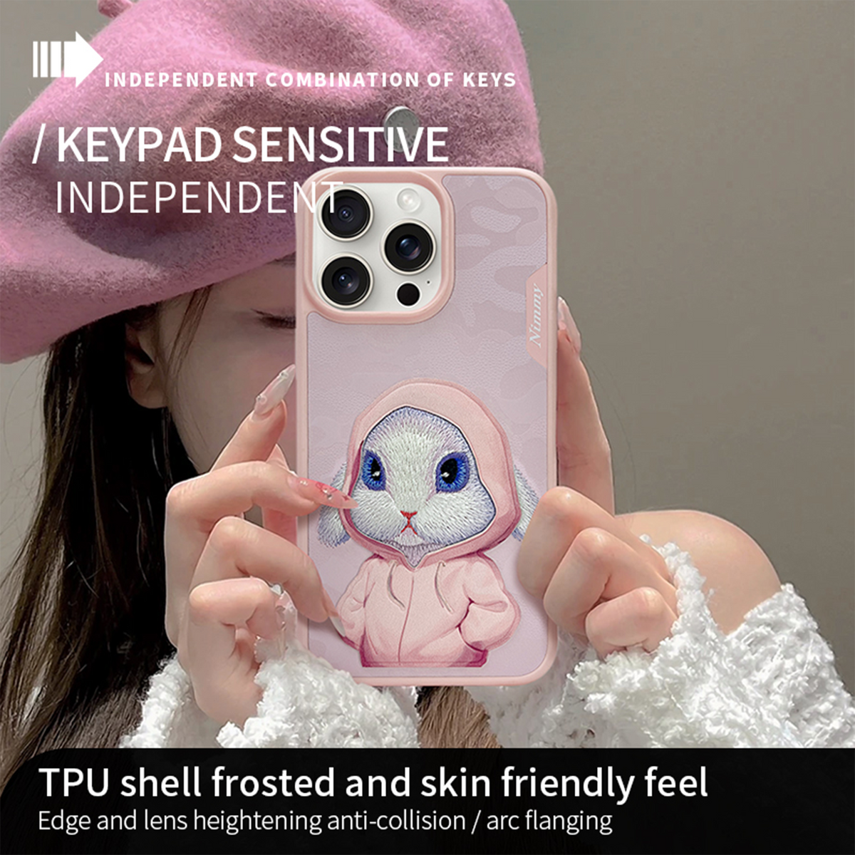NIMMY iPhone 14 Pro · Faux Leather Üstüne 3D Embroidered and Kıyafet Kabartmalı Tavşan Figürlü Case · 4
