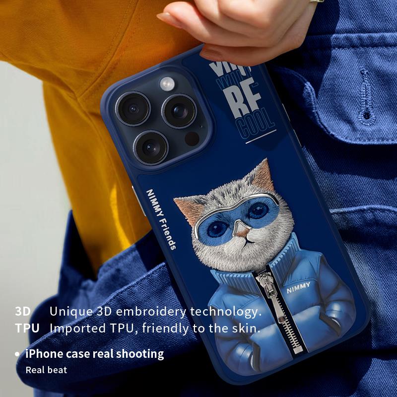 NIMMY · 3D Embroidered Fermuarlı Mont and Glasses Detail Premium Cat Case 2.0 for iPhone 15 · 3