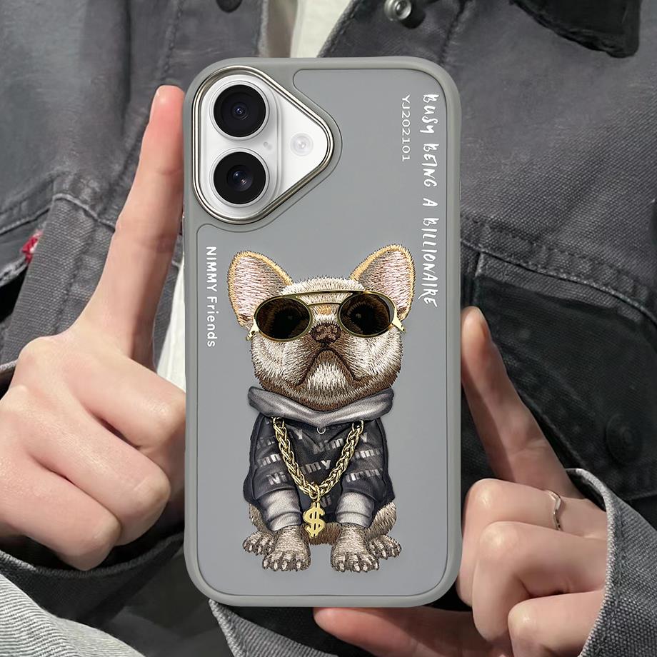 NIMMY 3D Embroidered Gözlük Zincir Aksesuarlı Little Hipster Man Dog Case for iPhone 16 · 3