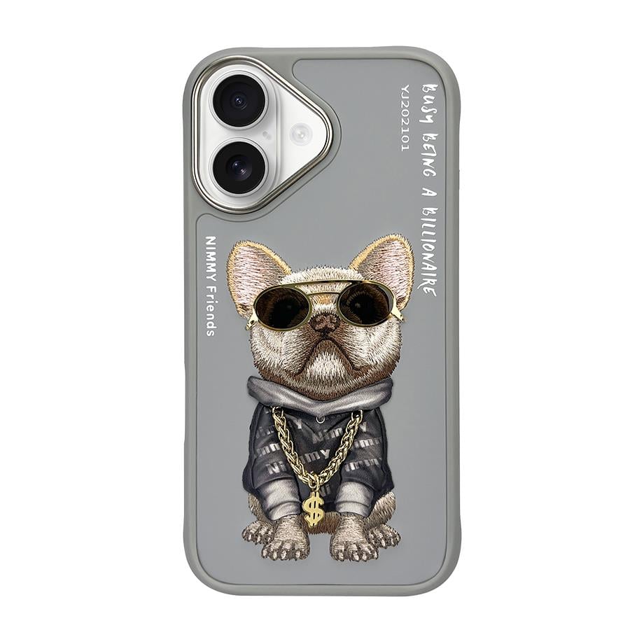 NIMMY 3D Embroidered Gözlük Zincir Aksesuarlı Little Hipster Man Dog Case for iPhone 16 · 2