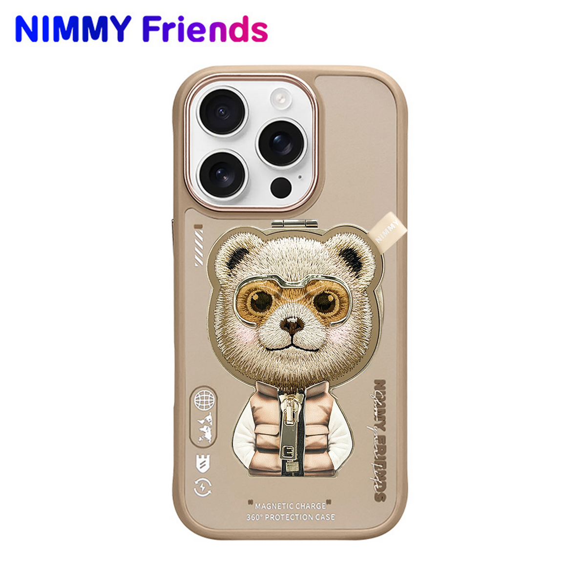NIMMY 3D Interchangeable MagSafe Stand Embroidered Fermuarlı Ayıcık Aksesuar Case for iPhone 16 Pro Max · 2